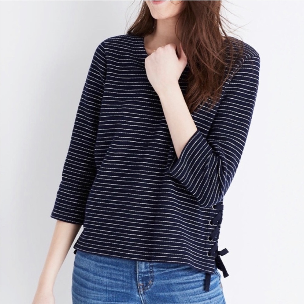 Madewell Navy & White Striped Side-Lace Knit Top